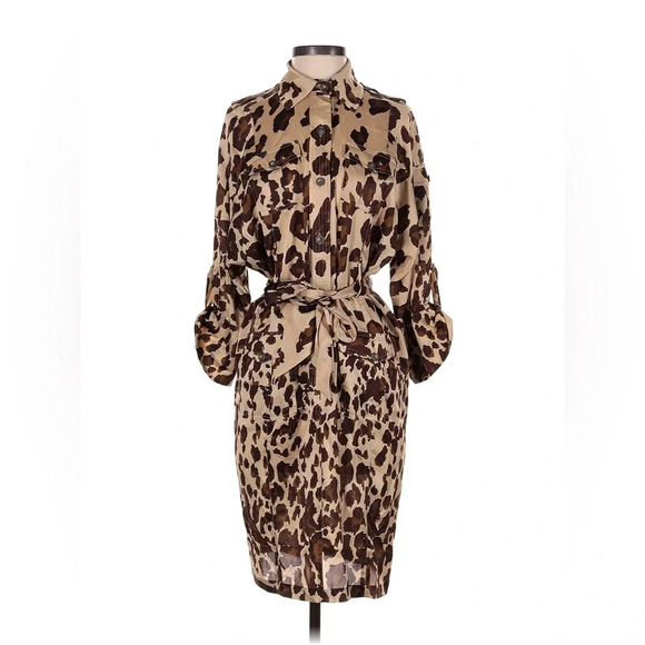Diane Von Furstenberg Animal Tortoise Leopard Brown Silk Shirt Dress sz 10 EUC - Picture 2 of 11